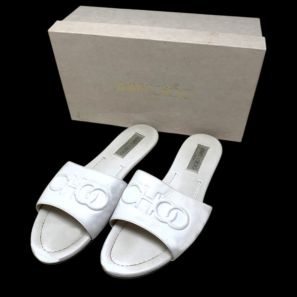 Jimmy Choo Tiaret Flat Sandals Size 40 US 10 White Calf Leather Dust Bag Boxed - Picture 2 of 13